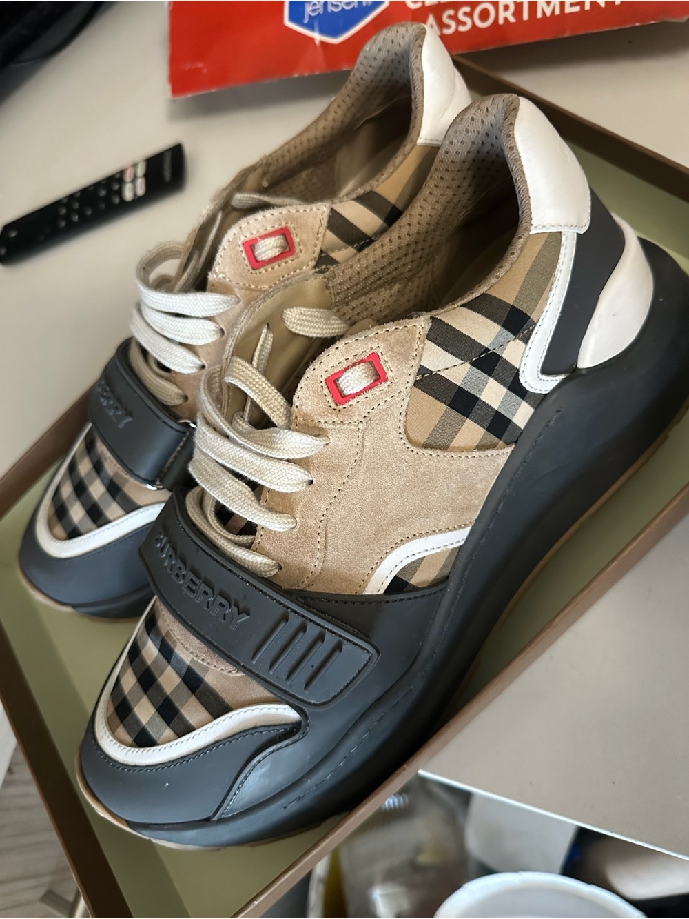 Burberry Beige Check and Black Platform Sneakers with Cream Accents